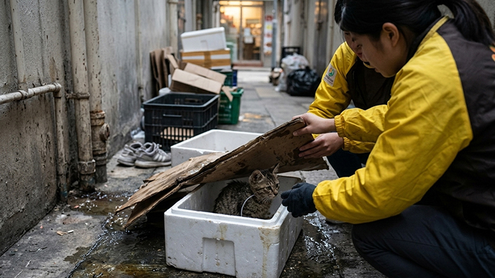 春園街濕滑街市救起滑倒小貓