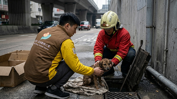 告士打道天橋底救下被困雨水渠小狗